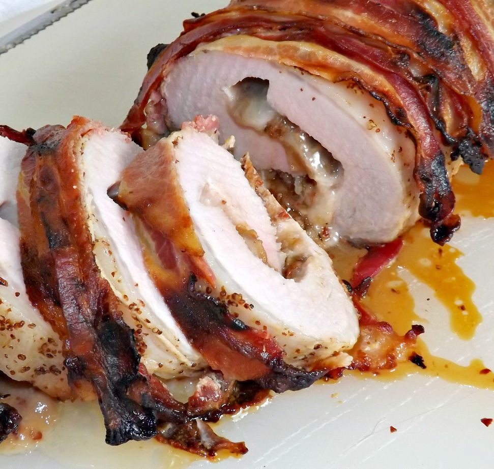 Bacon Wrapped Pork Loin Stuffed With Bacon Jam & Provolone Cheese